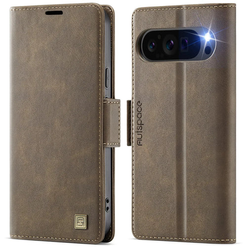 AUTSPACE For Google Pixel 9 Pro XL Case  A11 RFID Blocking Retro Leather Cell Phone Wallet Cover - Brown - 1