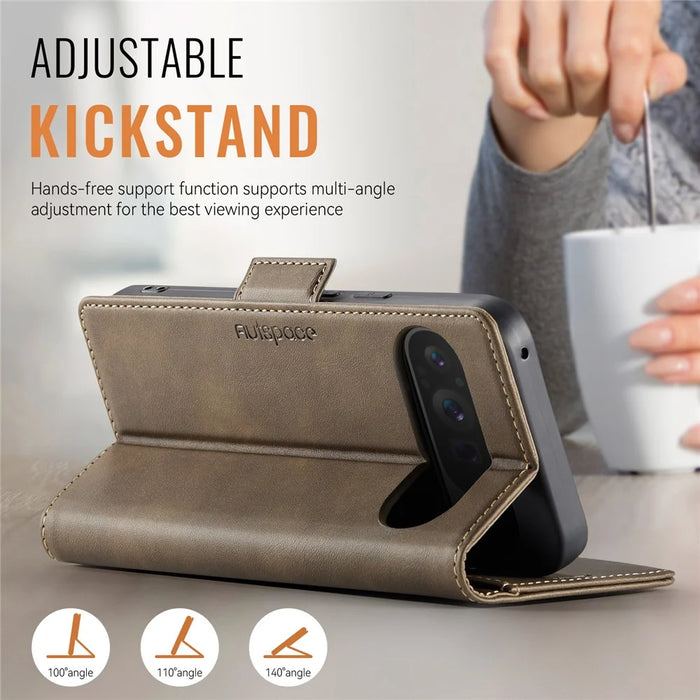 AUTSPACE For Google Pixel 9 Pro XL Case  A11 RFID Blocking Retro Leather Cell Phone Wallet Cover - Brown - 5