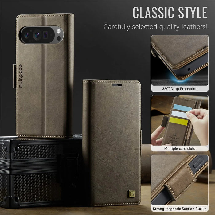AUTSPACE For Google Pixel 9 Pro XL Case  A11 RFID Blocking Retro Leather Cell Phone Wallet Cover - Brown - 7