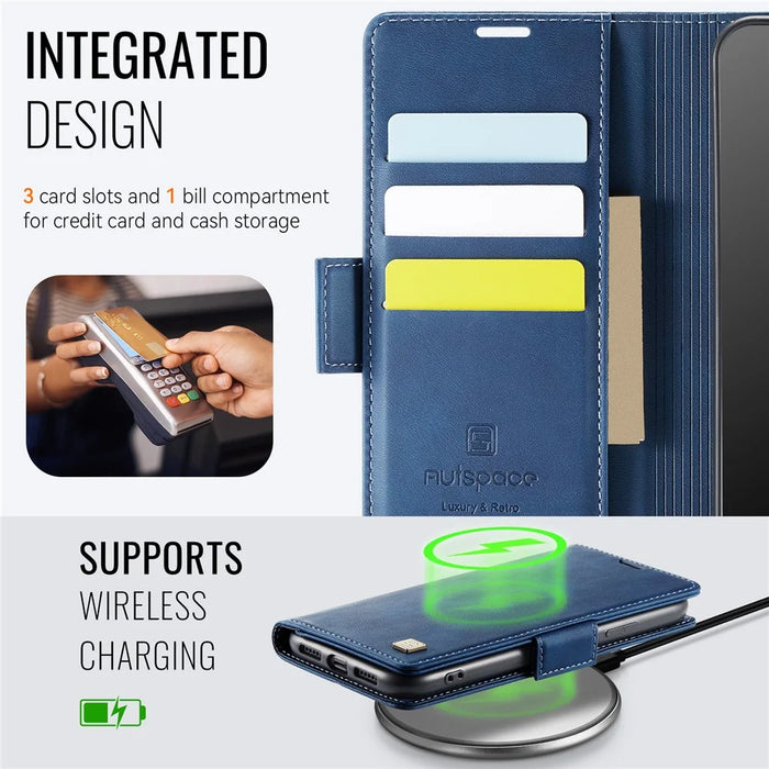 AUTSPACE For iPhone 11 Pro Max Case  A11 RFID Blocking Retro Leather Cell Phone Wallet Cover - Blue - 4