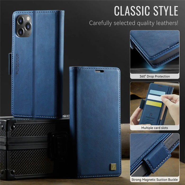 AUTSPACE For iPhone 11 Pro Max Case  A11 RFID Blocking Retro Leather Cell Phone Wallet Cover - Blue - 7