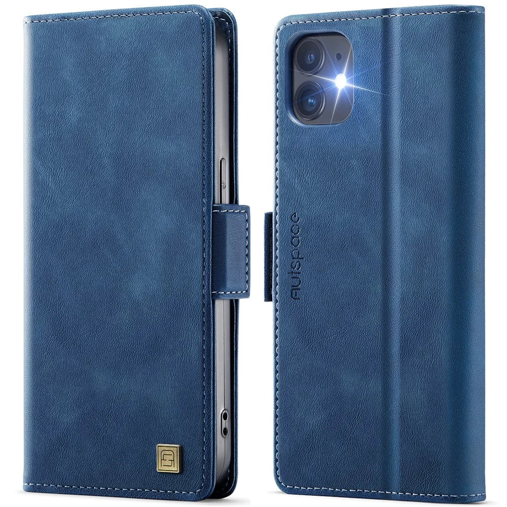 AUTSPACE For iPhone 12 Pro 6.1 inch / iPhone 12 6.1 inch Case  A11 RFID Blocking Retro Leather Cell Phone Wallet Cover - Blue - 1