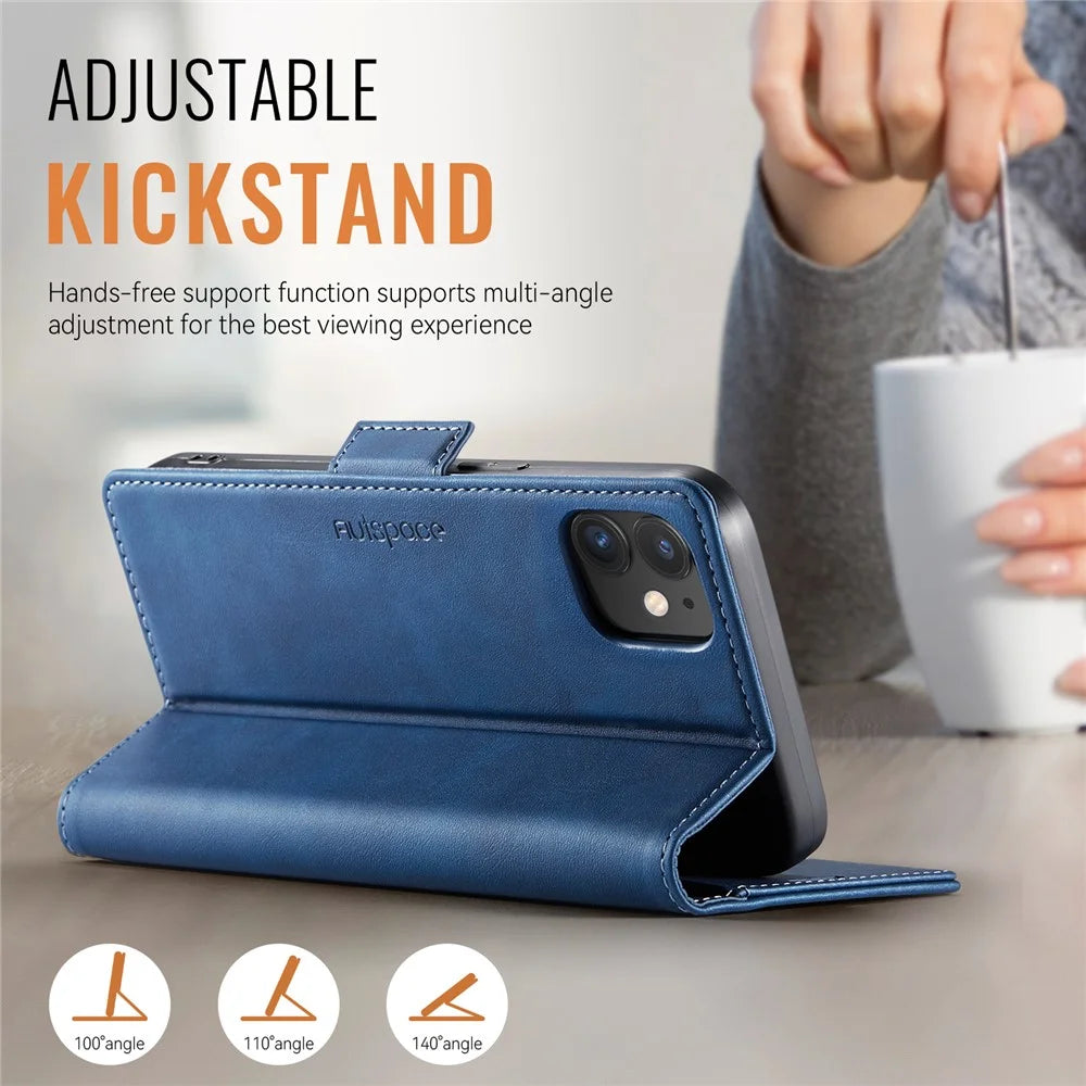 AUTSPACE For iPhone 12 Pro 6.1 inch / iPhone 12 6.1 inch Case  A11 RFID Blocking Retro Leather Cell Phone Wallet Cover - Blue - 5