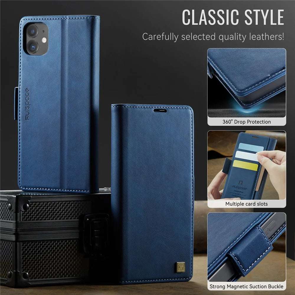 AUTSPACE For iPhone 12 Pro 6.1 inch / iPhone 12 6.1 inch Case  A11 RFID Blocking Retro Leather Cell Phone Wallet Cover - Blue - 7