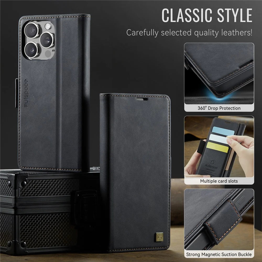AUTSPACE For iPhone 12 Pro Max 6.7 inch Case  A11 RFID Blocking Retro Leather Cell Phone Wallet Cover - Black - 7