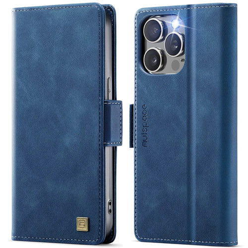 AUTSPACE For iPhone 13 Pro Max 6.7 inch Case  A11 RFID Blocking Retro Leather Cell Phone Wallet Cover - Blue - 1