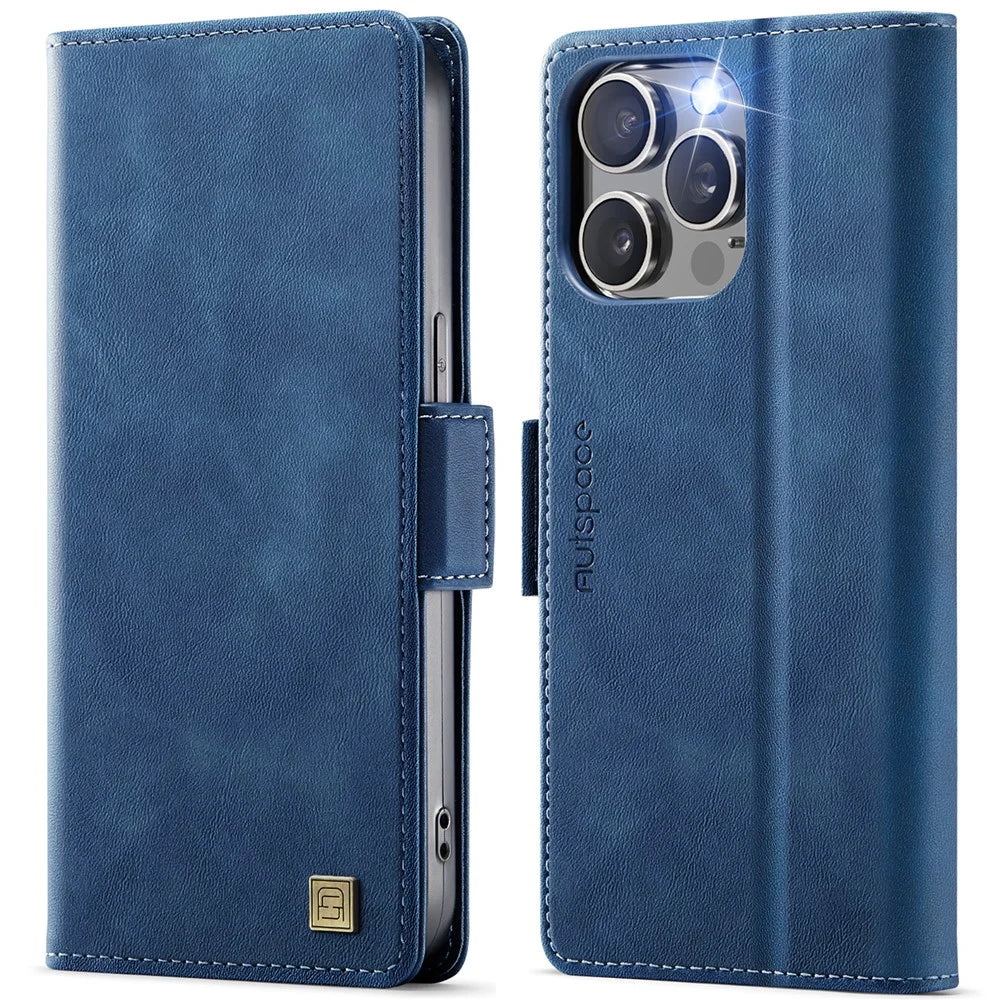 AUTSPACE For iPhone 13 Pro Max 6.7 inch Case  A11 RFID Blocking Retro Leather Cell Phone Wallet Cover - Blue - 1