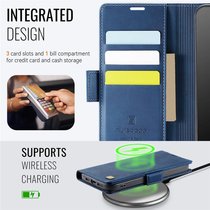AUTSPACE For iPhone 13 Pro Max 6.7 inch Case  A11 RFID Blocking Retro Leather Cell Phone Wallet Cover - Blue - 4