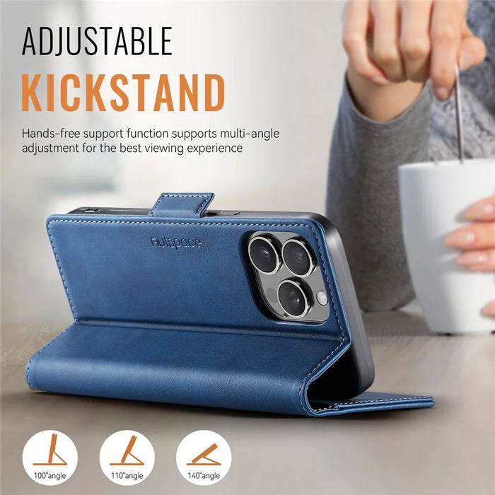 AUTSPACE For iPhone 13 Pro Max 6.7 inch Case  A11 RFID Blocking Retro Leather Cell Phone Wallet Cover - Blue - 5