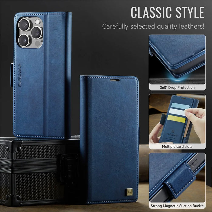 AUTSPACE For iPhone 13 Pro Max 6.7 inch Case  A11 RFID Blocking Retro Leather Cell Phone Wallet Cover - Blue - 7