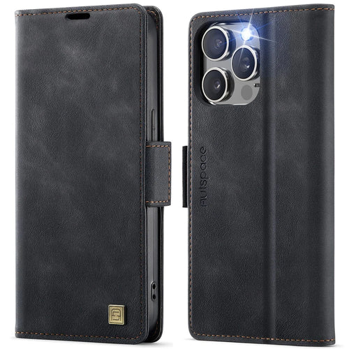 AUTSPACE For iPhone 14 Pro Case  A11 RFID Blocking Retro Leather Cell Phone Wallet Cover - Black - 1
