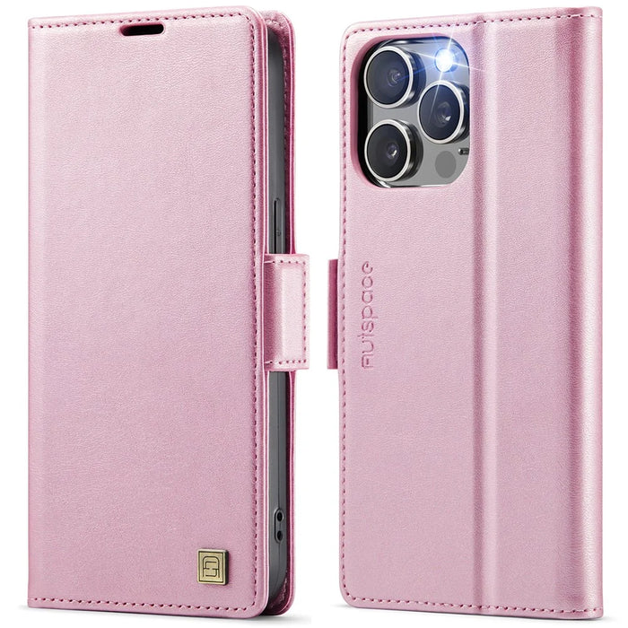 AUTSPACE For iPhone 14 Pro Max Case  A11 RFID Blocking Retro Leather Cell Phone Wallet Cover - Pink - 1