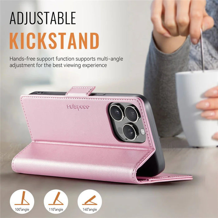 AUTSPACE For iPhone 14 Pro Max Case  A11 RFID Blocking Retro Leather Cell Phone Wallet Cover - Pink - 5