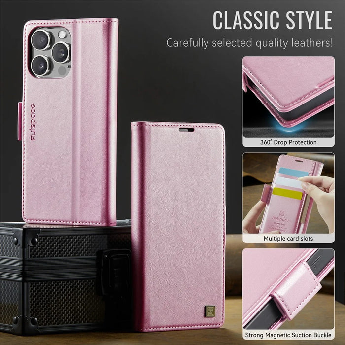 AUTSPACE For iPhone 14 Pro Max Case  A11 RFID Blocking Retro Leather Cell Phone Wallet Cover - Pink - 7