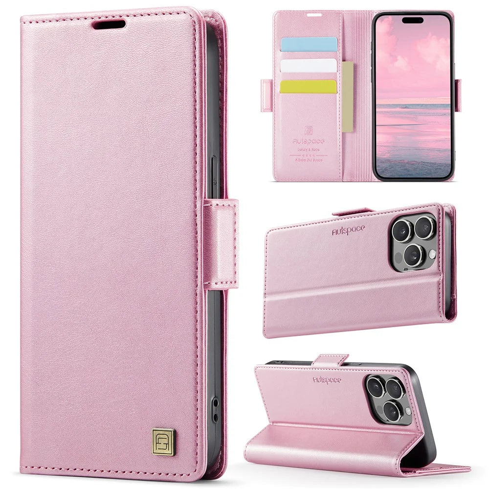 AUTSPACE For iPhone 15 Pro Case  A11 RFID Blocking Retro Leather Cell Phone Wallet Cover - Pink - 2