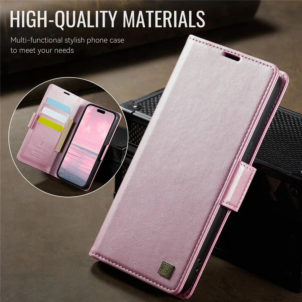 AUTSPACE For iPhone 15 Pro Case  A11 RFID Blocking Retro Leather Cell Phone Wallet Cover - Pink - 3