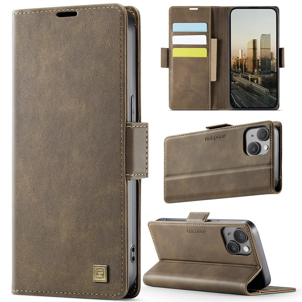 AUTSPACE For iPhone 13 6.1 inch Case  A11 RFID Blocking Retro Leather Cell Phone Wallet Cover - Brown - 2