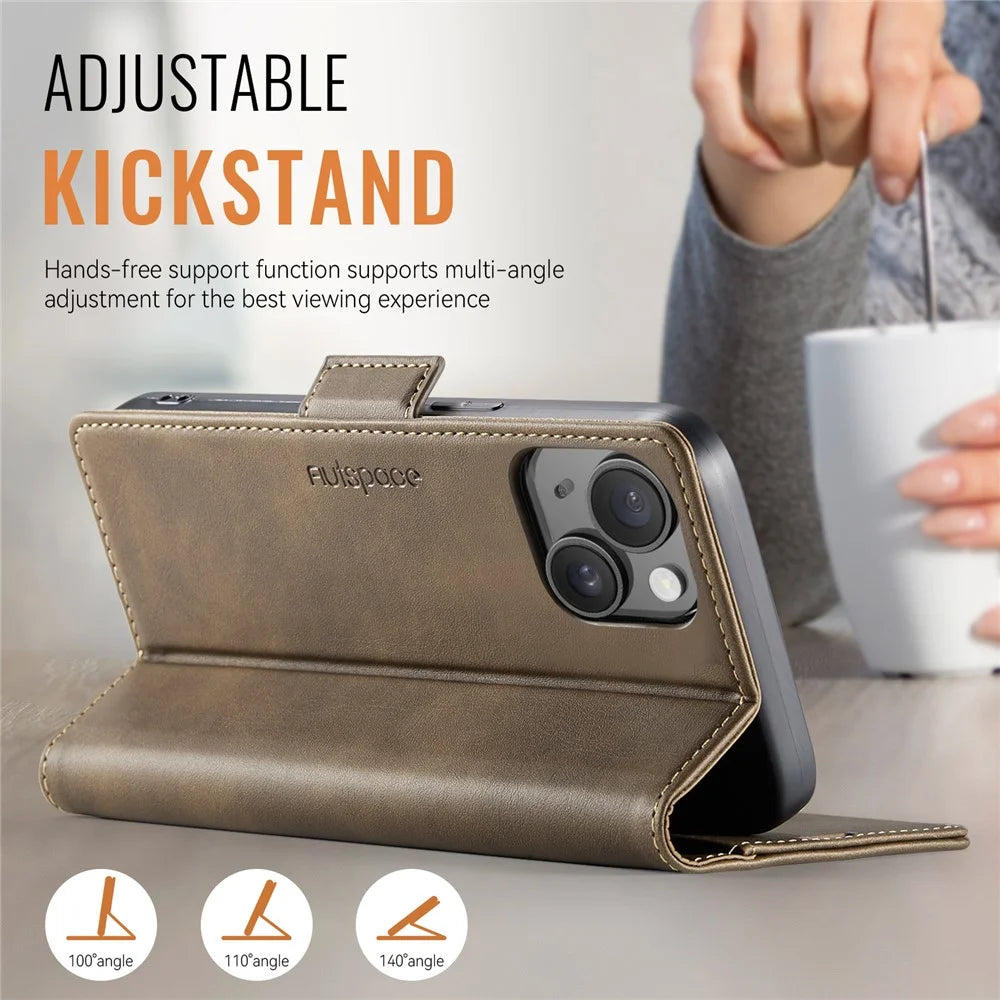 AUTSPACE For iPhone 13 6.1 inch Case  A11 RFID Blocking Retro Leather Cell Phone Wallet Cover - Brown - 5