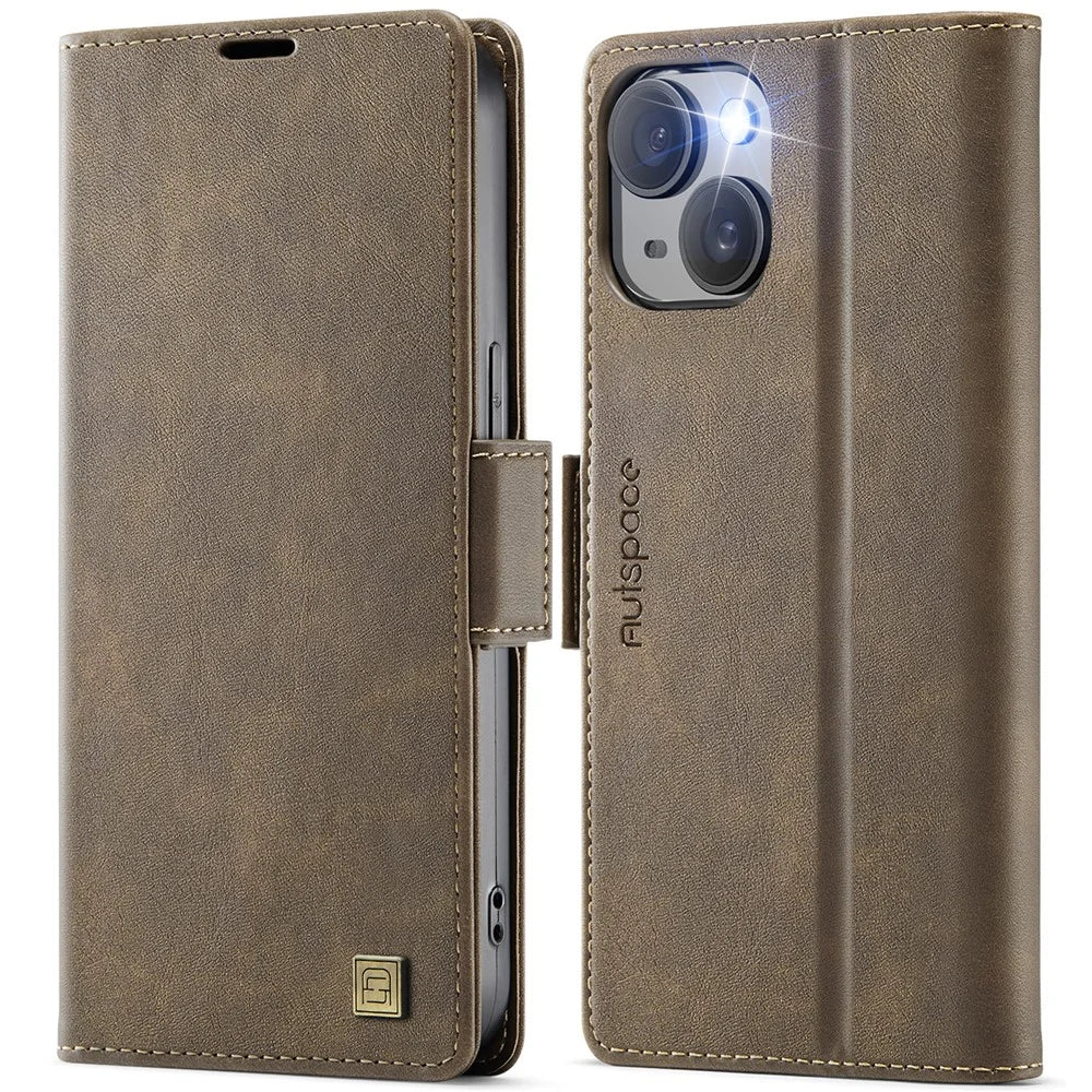 AUTSPACE For iPhone 15 Case  A11 RFID Blocking Retro Leather Cell Phone Wallet Cover - Brown - 1