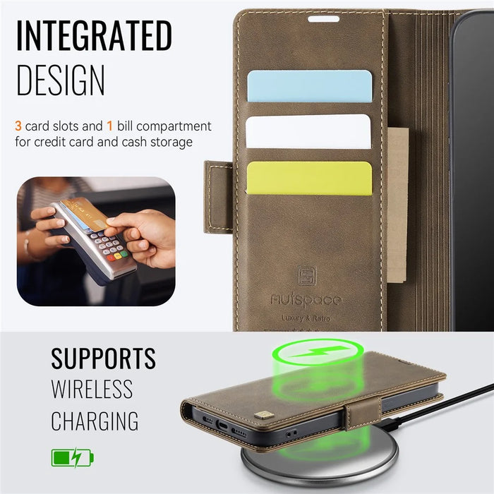 AUTSPACE For iPhone 15 Case  A11 RFID Blocking Retro Leather Cell Phone Wallet Cover - Brown - 4