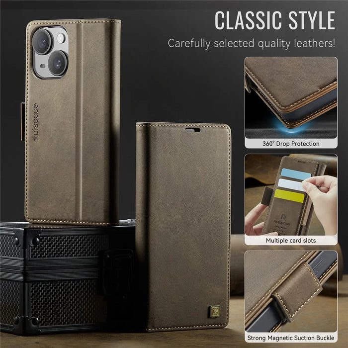 AUTSPACE For iPhone 15 Case  A11 RFID Blocking Retro Leather Cell Phone Wallet Cover - Brown - 7