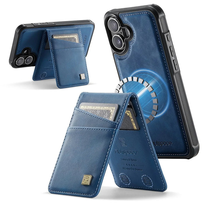 AUTSPACE For iPhone 16 Plus Case  A12 Leather Phone Case with Detachable Card Bag - Blue - 1