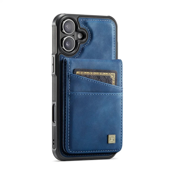AUTSPACE For iPhone 16 Plus Case  A12 Leather Phone Case with Detachable Card Bag - Blue - 2