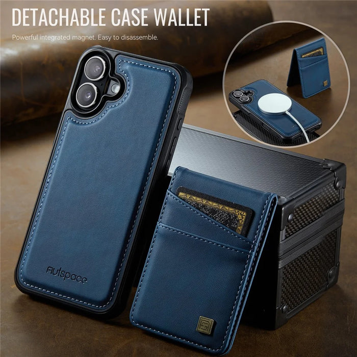 AUTSPACE For iPhone 16 Plus Case  A12 Leather Phone Case with Detachable Card Bag - Blue - 3