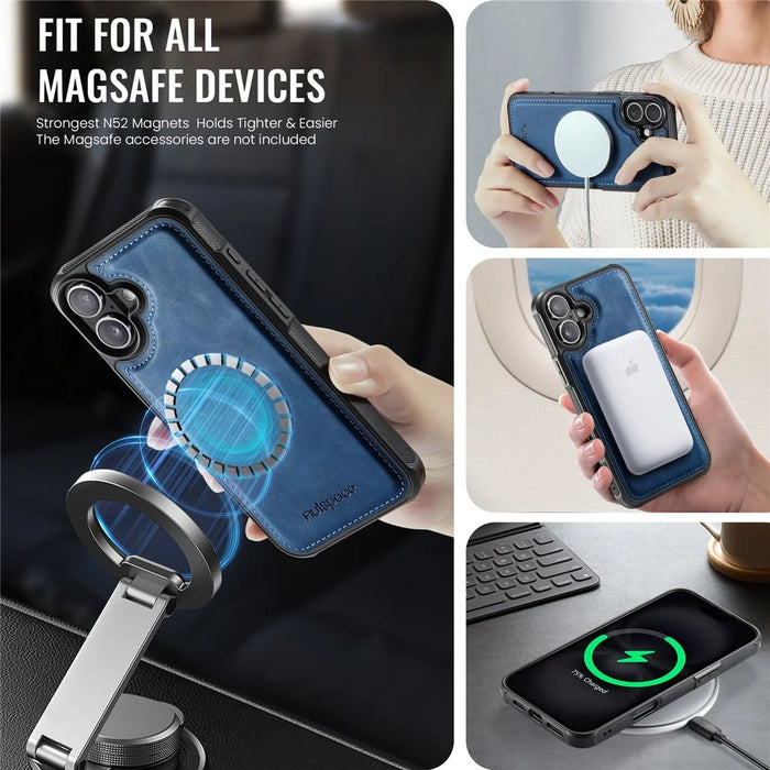AUTSPACE For iPhone 16 Plus Case  A12 Leather Phone Case with Detachable Card Bag - Blue - 4