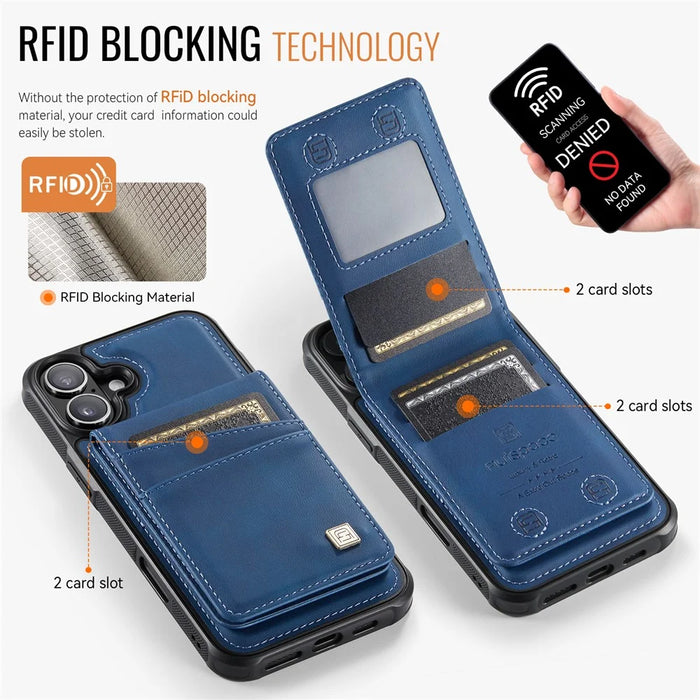 AUTSPACE For iPhone 16 Plus Case  A12 Leather Phone Case with Detachable Card Bag - Blue - 5