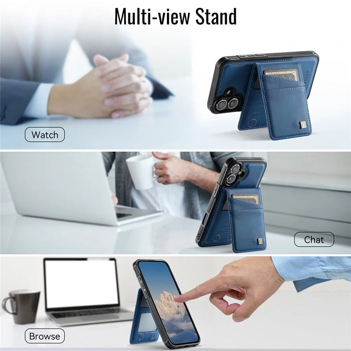 AUTSPACE For iPhone 16 Plus Case  A12 Leather Phone Case with Detachable Card Bag - Blue - 6