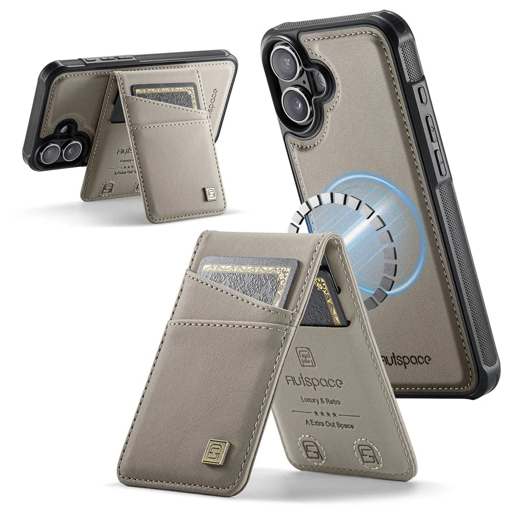 AUTSPACE For iPhone 16 Case  A12 Leather Phone Case with Detachable Card Bag - Grey - 1