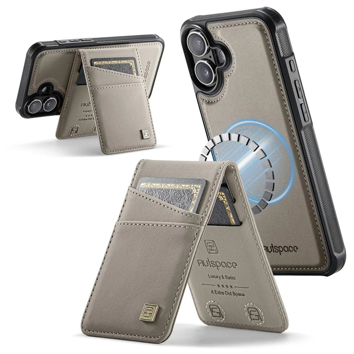 AUTSPACE For iPhone 16 Case  A12 Leather Phone Case with Detachable Card Bag - Grey - 1