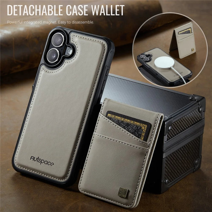 AUTSPACE For iPhone 16 Case  A12 Leather Phone Case with Detachable Card Bag - Grey - 3