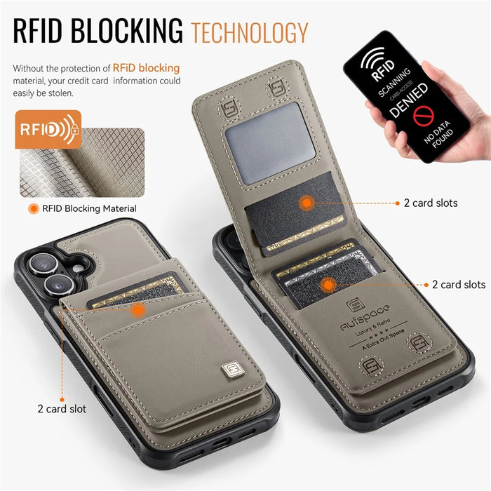 AUTSPACE For iPhone 16 Case  A12 Leather Phone Case with Detachable Card Bag - Grey - 5
