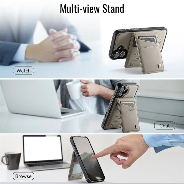 AUTSPACE For iPhone 16 Case  A12 Leather Phone Case with Detachable Card Bag - Grey - 6