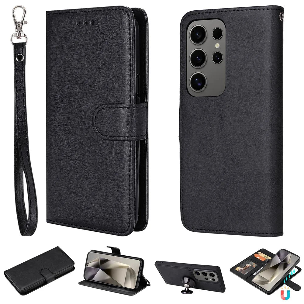 For itel S25 Ultra Case 2 in 1 Detachable Magnetic Leather Wallet Mobile Cover with Strap - Black - 1