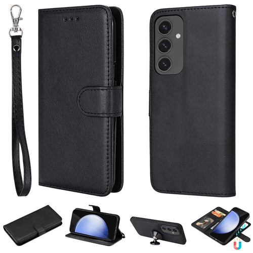 For Samsung Galaxy S24 FE Case 2 in 1 Detachable Magnetic Leather Wallet Mobile Cover with Strap - Black - 1