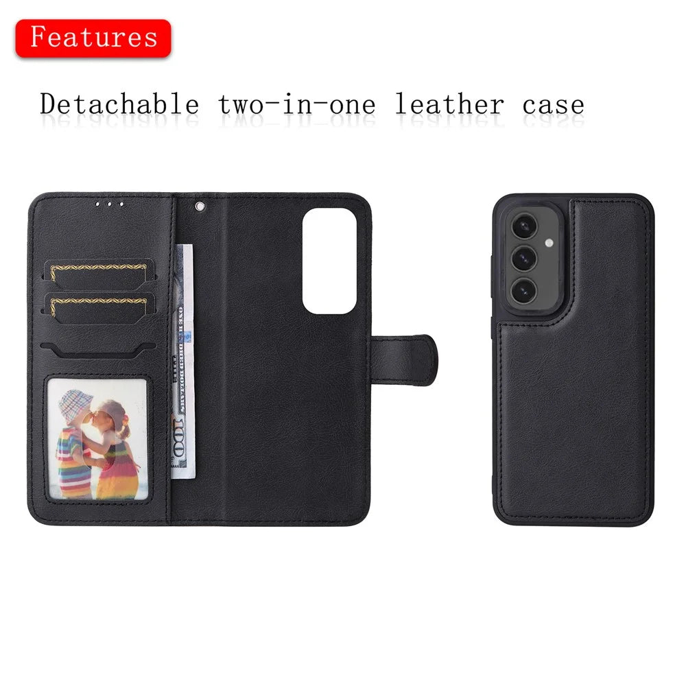 For Samsung Galaxy S24 FE Case 2 in 1 Detachable Magnetic Leather Wallet Mobile Cover with Strap - Black - 4