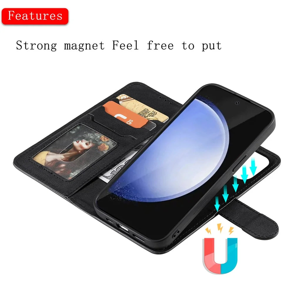 For Samsung Galaxy S24 FE Case 2 in 1 Detachable Magnetic Leather Wallet Mobile Cover with Strap - Black - 7