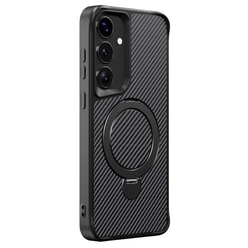 For Samsung Galaxy S25 / S24 Phone Case with Magnetic Kickstand TPU + PC Carbon Fiber Back Cover - Black - 1