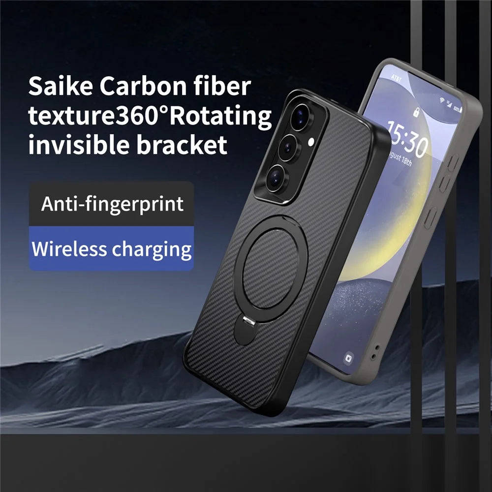 For Samsung Galaxy S25 / S24 Phone Case with Magnetic Kickstand TPU + PC Carbon Fiber Back Cover - Black - 2