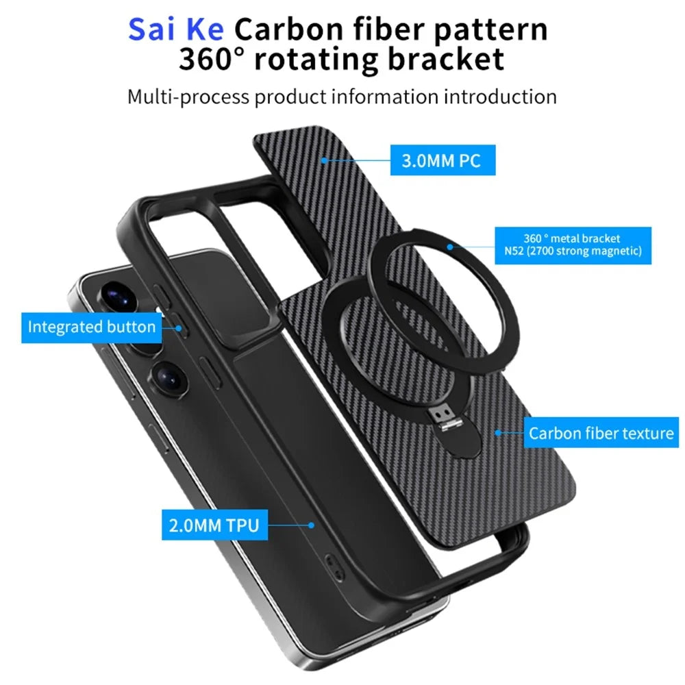 For Samsung Galaxy S25 / S24 Phone Case with Magnetic Kickstand TPU + PC Carbon Fiber Back Cover - Black - 3