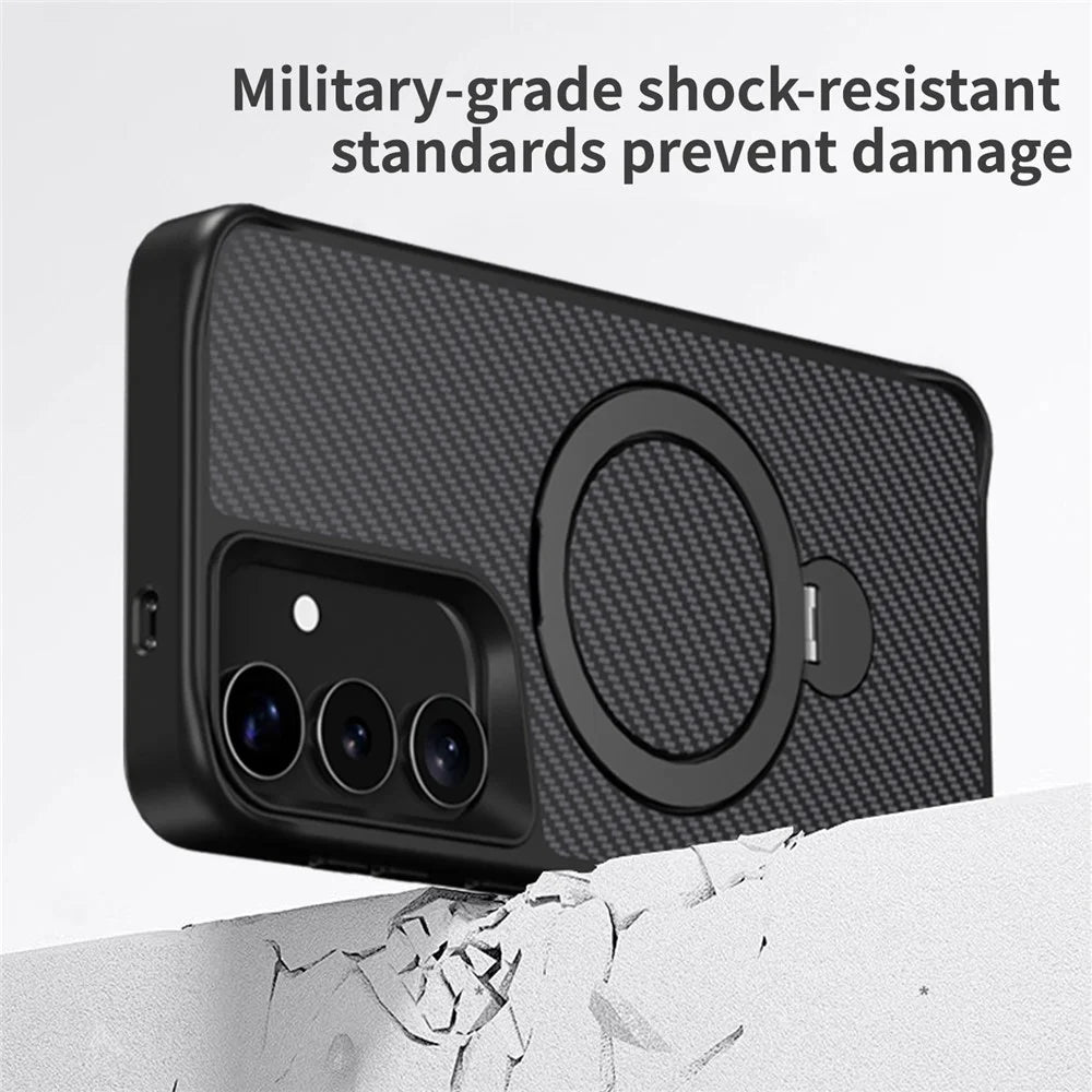 For Samsung Galaxy S25 / S24 Phone Case with Magnetic Kickstand TPU + PC Carbon Fiber Back Cover - Black - 4