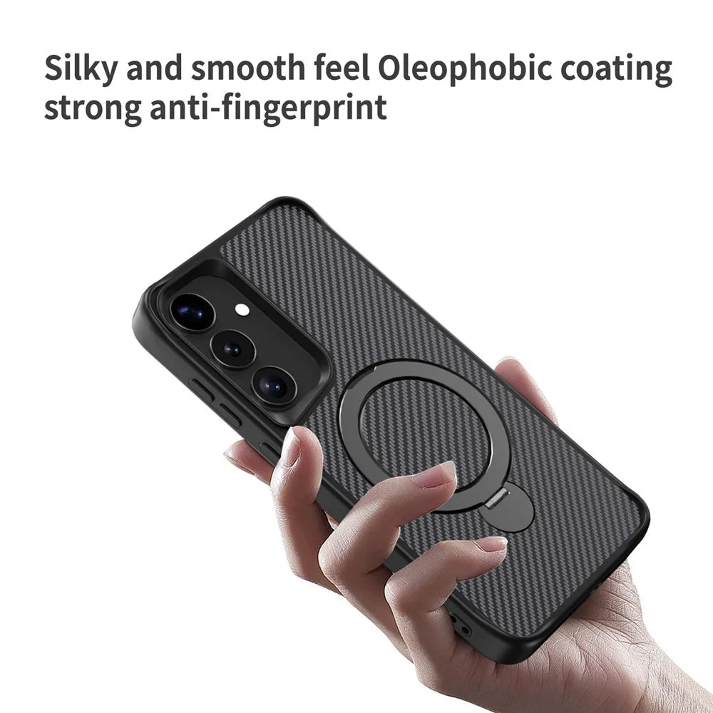 For Samsung Galaxy S25 / S24 Phone Case with Magnetic Kickstand TPU + PC Carbon Fiber Back Cover - Black - 6