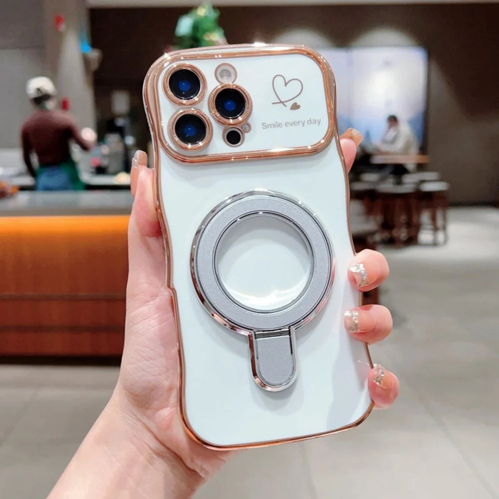 For iPhone 16 Pro Max Case with Kickstand TPU Phone Back Cover Curly Shape Love Heart - White - 1