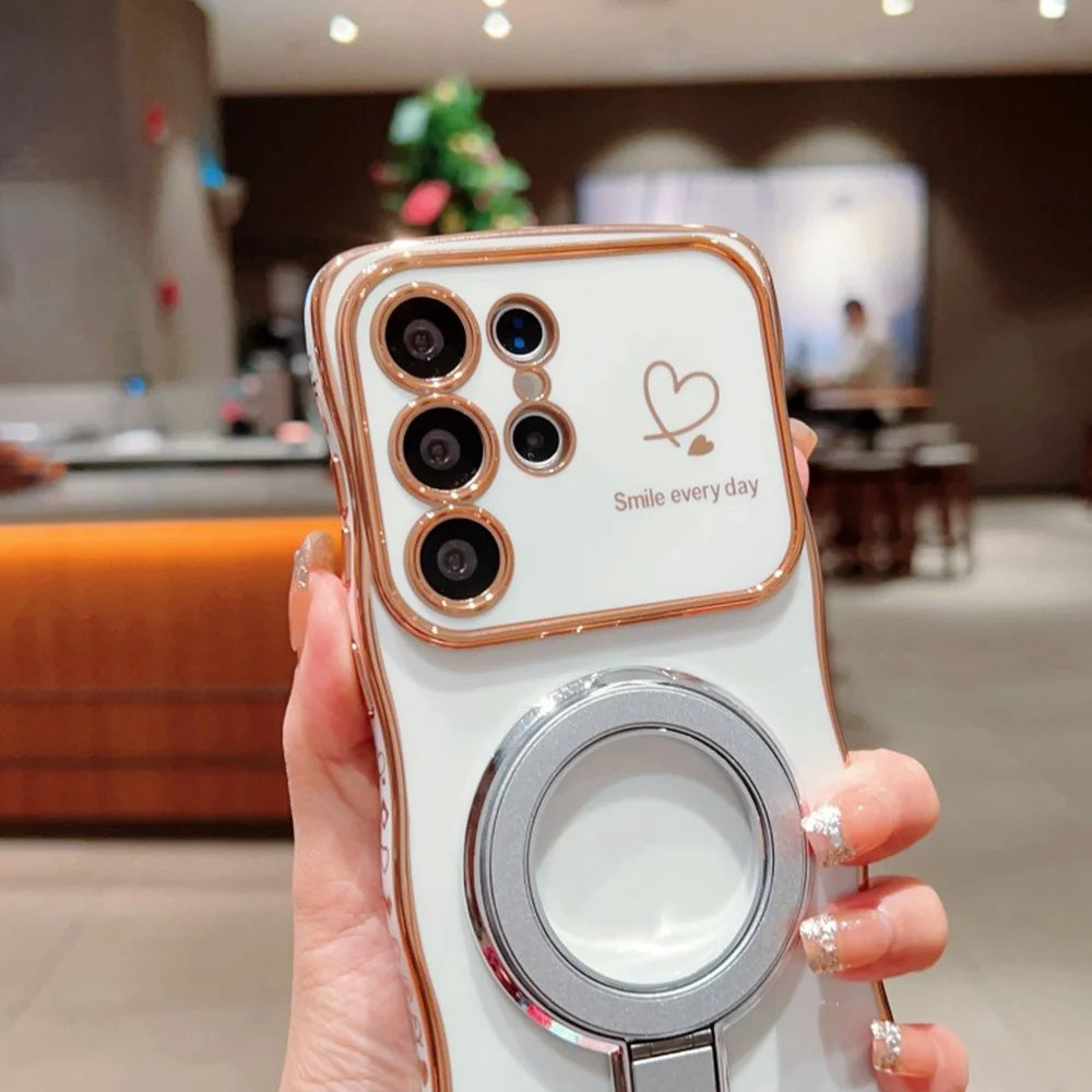 For Samsung Galaxy S25 Ultra Case with Kickstand TPU Phone Back Cover Curly Shape Love Heart - White - 3