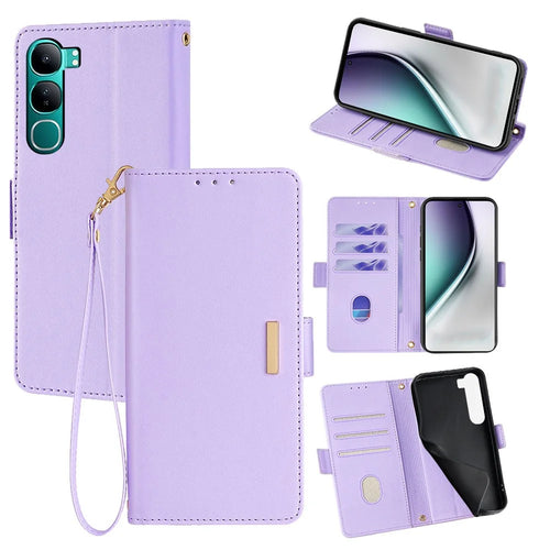 For vivo Y300 5G Leather Wallet Case RFID Blocking Stand Cover with Hand Strap - Purple - 1