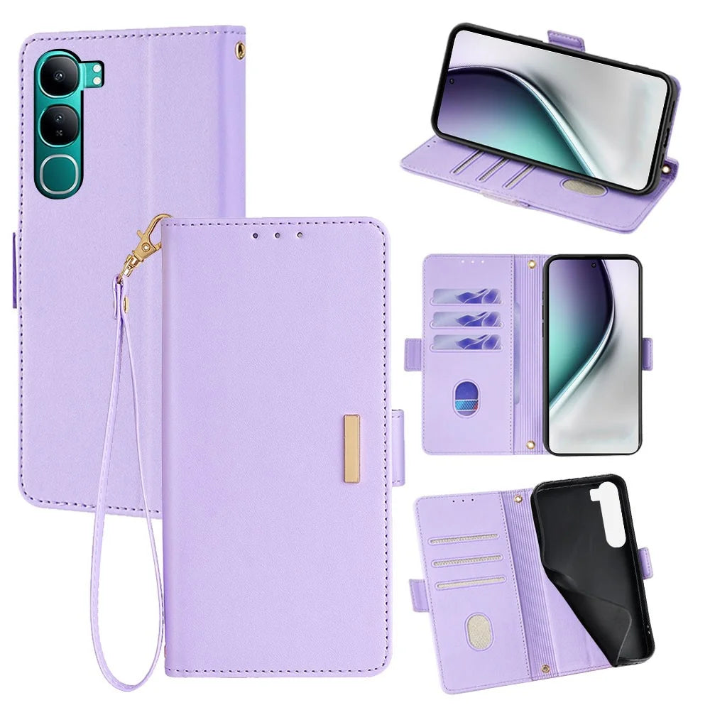 For vivo Y300 5G Leather Wallet Case RFID Blocking Stand Cover with Hand Strap - Purple - 1