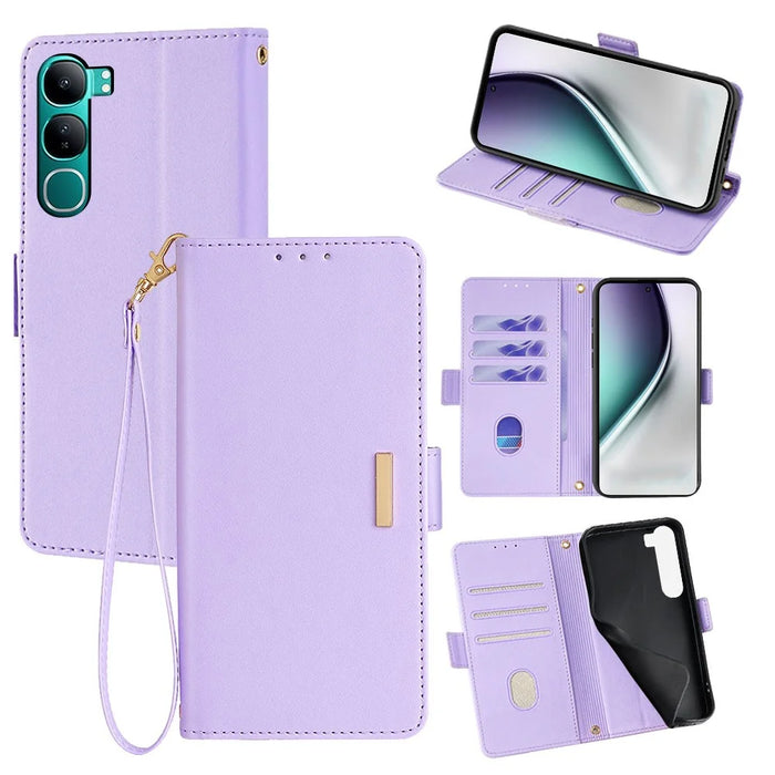 For vivo Y300 5G Leather Wallet Case RFID Blocking Stand Cover with Hand Strap - Purple - 1